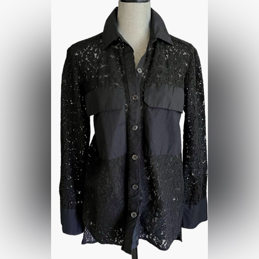 Zara Woman Black Lace Button Down Pocket Oversized Asymmetrical Shirt XS